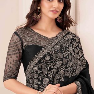 Black Sequins Embroidered Satin Sar