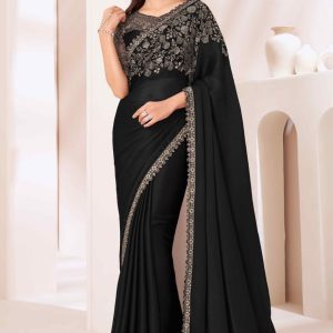 Black Sequins Embroidered Satin Sar