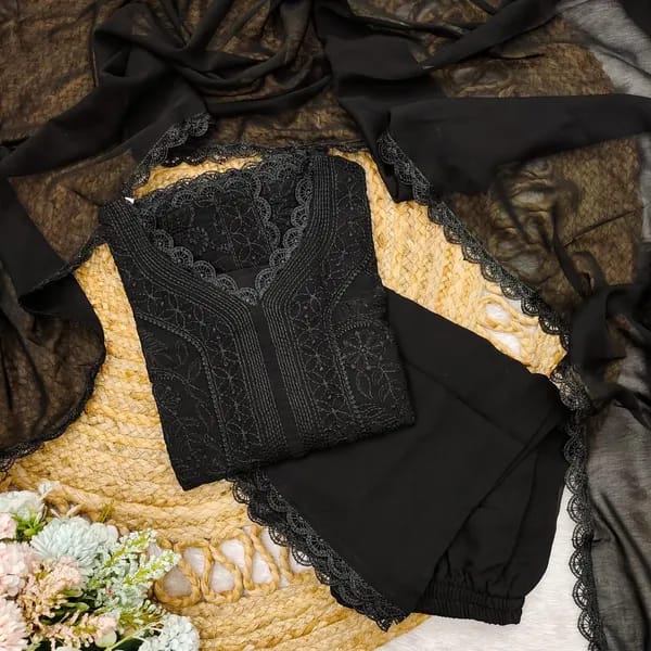 White Georgette Chikankari Emdroidery Kurta With Pant & Dupa.. - Image 9