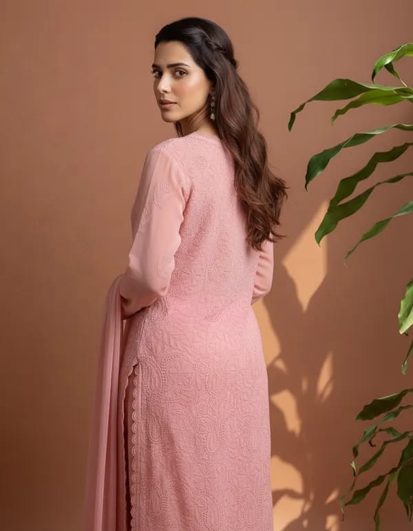 White Georgette Chikankari Emdroidery Kurta With Pant & Dupa.. - Image 3