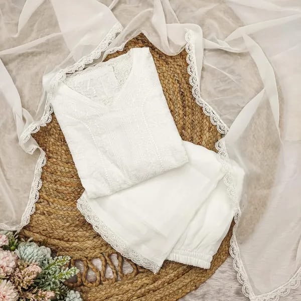 White Georgette Chikankari Emdroidery Kurta With Pant & Dupa.. - Image 7