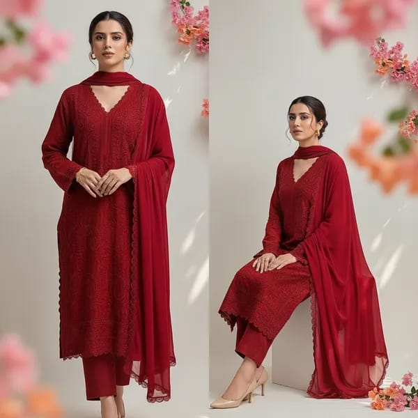 White Georgette Chikankari Emdroidery Kurta With Pant & Dupa.. - Image 4