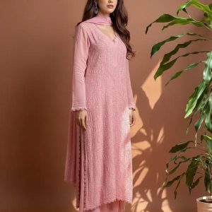 White Georgette Chikankari Emdroidery Kurta With Pant & Dupa..