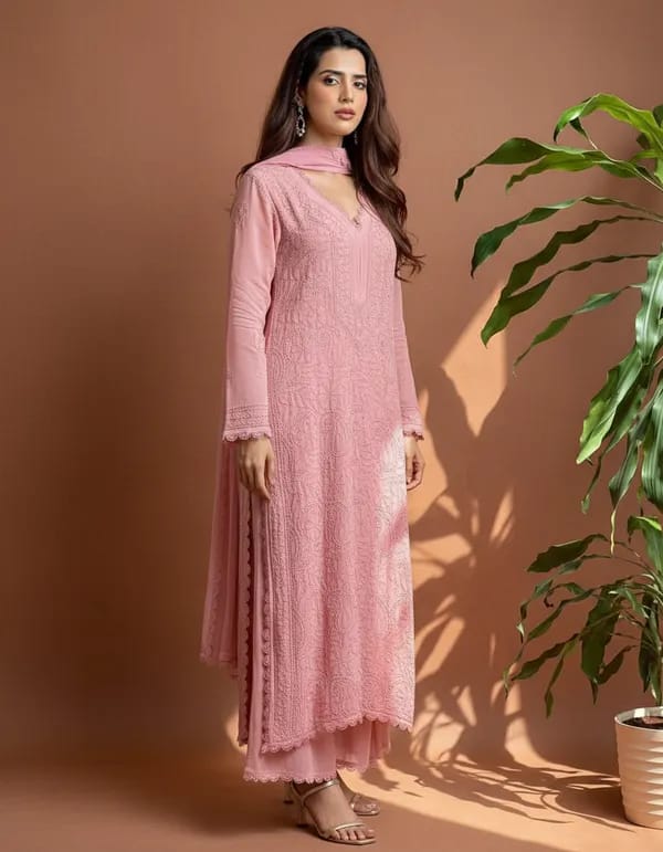 White Georgette Chikankari Emdroidery Kurta With Pant & Dupa.. - Image 2